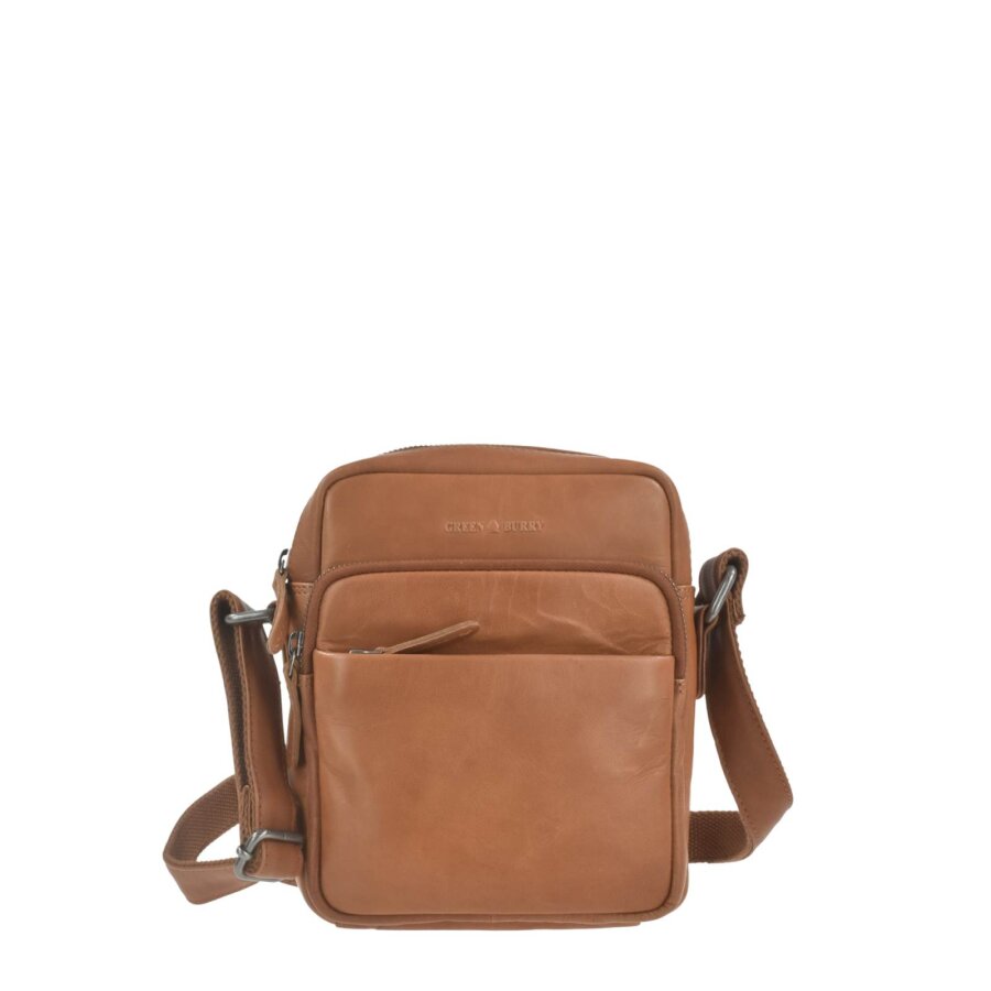 Umhängetasche aus gewachstem Ziegenleder in tan braun Fiorentina | Greenburry. Elegante Schultertasche mit mehreren praktischen Reißverschlussfächern.