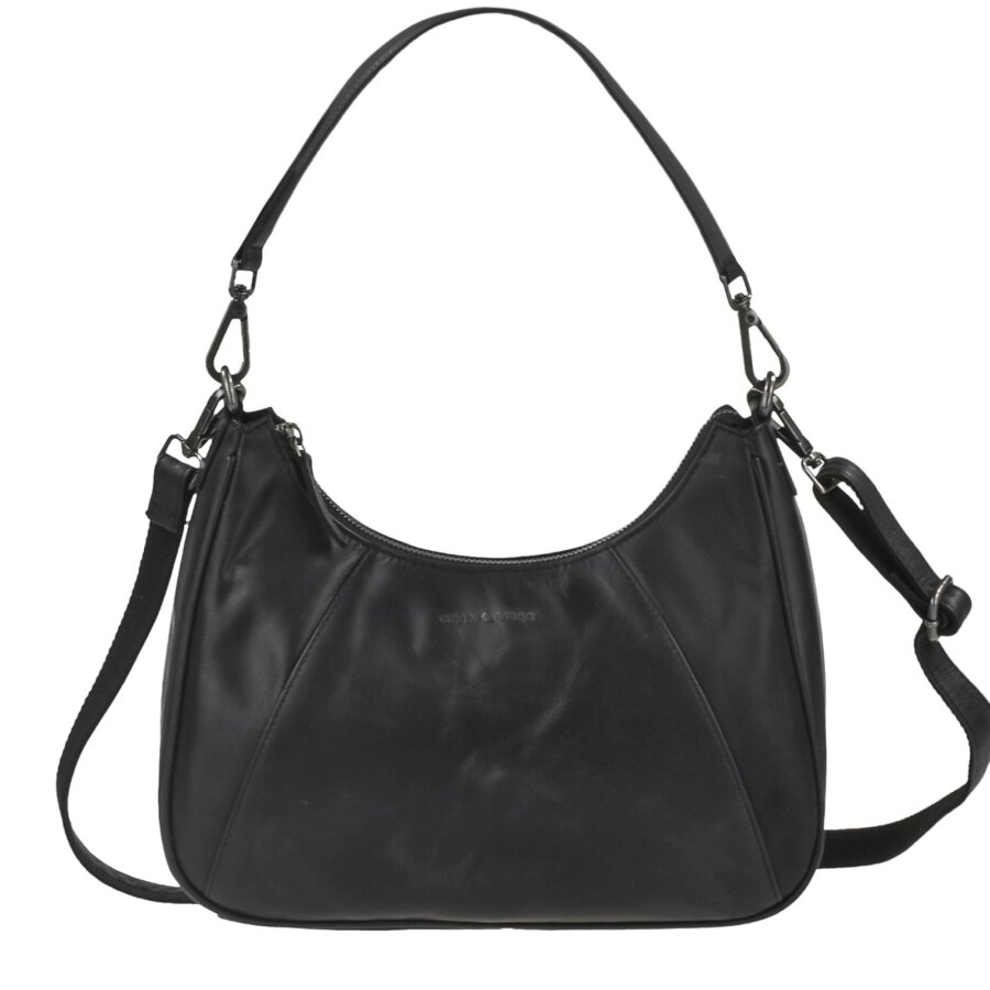 Hobo-Bag mit abnehmbarem Henkel aus Leder schwarz im Beuteltaschenformat | Greenburry. Handtasche für Damen bietet Fächeraufteilung im Alltag.