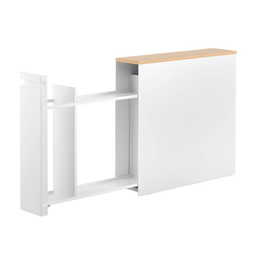 Yamazaki Toilettenpapier Aufbewahrung ausziehbar Holzablage Tower – Metall weiß. Helle Akzente und variable Breite für ein perfekt sortiertes Bad.