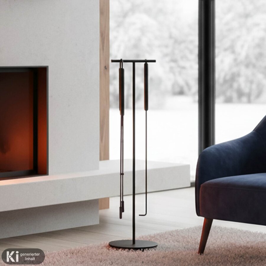 Freistehendes Kaminbesteck aus Metall in der farbe schwarz | Blomus Ashi. Eine strukturierte Kaminpflege für ein sauberes Ofen-Ambiente.