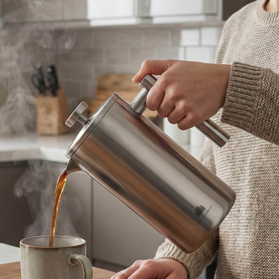 French Press Kaffeebereiter extra dicke Wandung Metall silber 600ml | Gronenberg. Hochwertige Kaffeemaschine für Camper Vanlife und Outdoor-Küche.