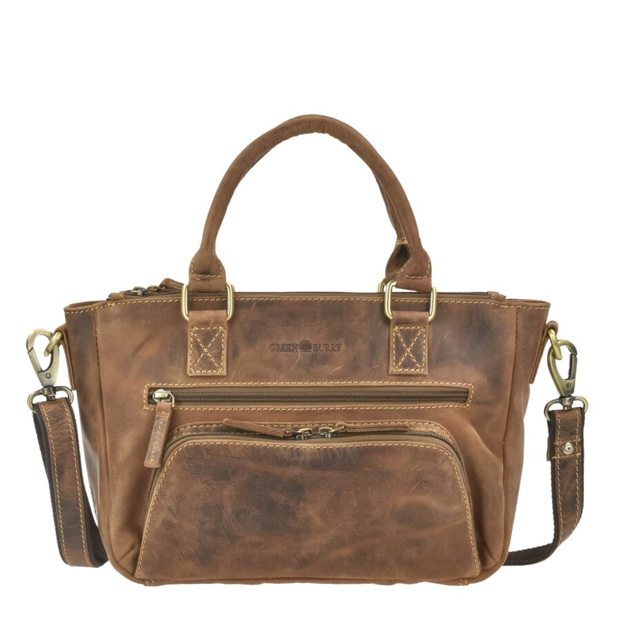 Shopper Damen mit 5 Reißverschlussfächern Leder antikbraun 34x20cm | Greenburry Vintage Umhängetasche für Damen mit viel Stauraum und Ordnung.