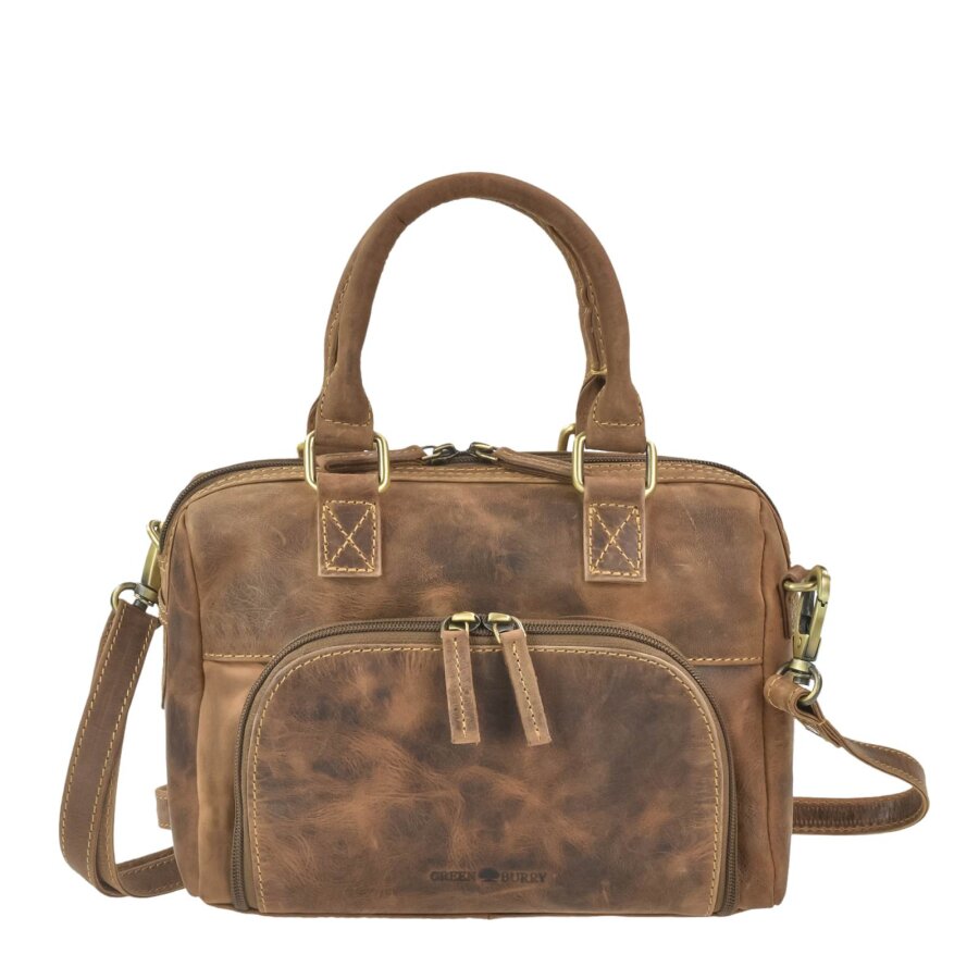 Handtasche Damen 3 Reißverschlussfächer Leder antikbraun 28x21cm | Greenburry Vintage Umhängetasche Organizer für Alltag und Büro mit viel Stauraum.