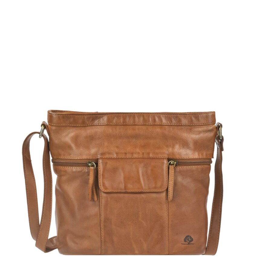 Organizer Tasche Damen Leder braun mit flacher Front-Klappe | Greenburry Torro Lavado Schultertasche für Alltag Freizeit Reise Stadt 1322-24