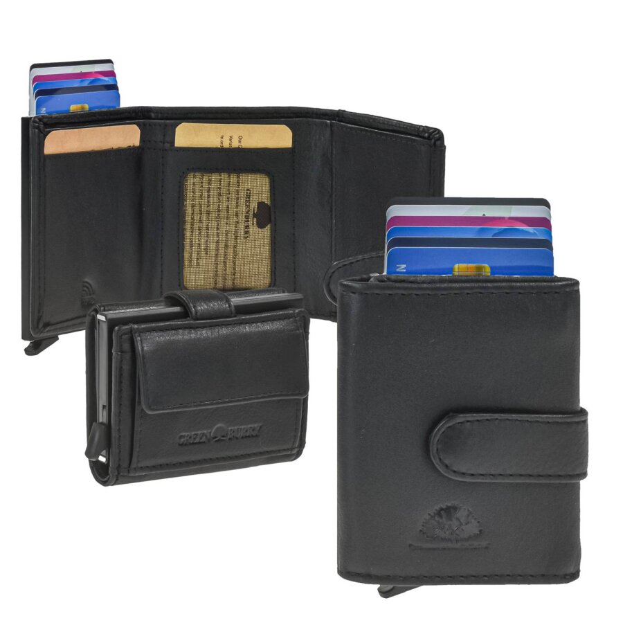 Kartenetui mit Münzfach RFID-Schutz Leder schwarz 8x10cm | Greenburry Alucase Karten-Geldbörse mit Scheinfach für Herren im Alltag und auf Reisen