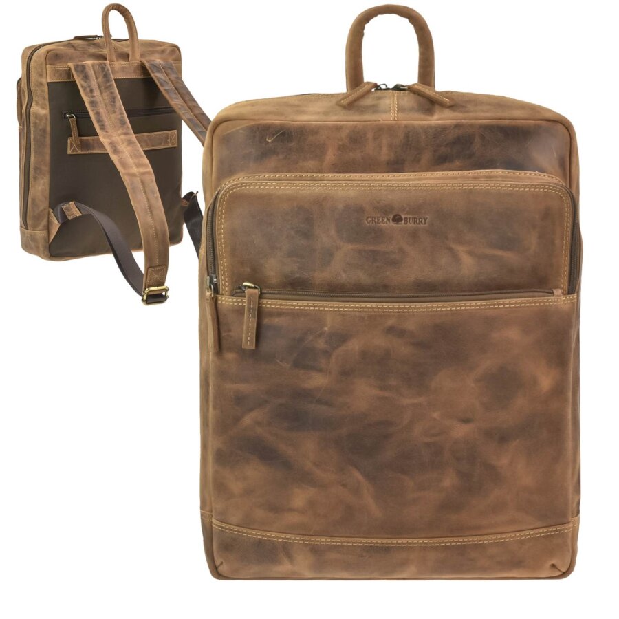 Notebook-Rucksack mit Notebookfach Leder braun 36x43cm | Greenburry Vintage Rucksack mit Trolleyband für Damen und Herren im Alltag und auf Reisen
