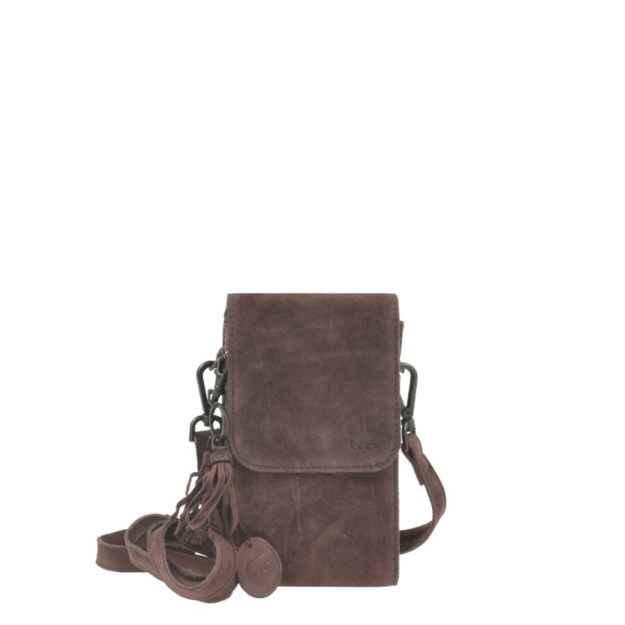 Handytasche zum Umhängen 9 Kartenfächer Leder choco 12x20cm | Bear Design Smartphone Umhängetasche Geldbörse Gürtelschlaufe Organizer für unterwegs