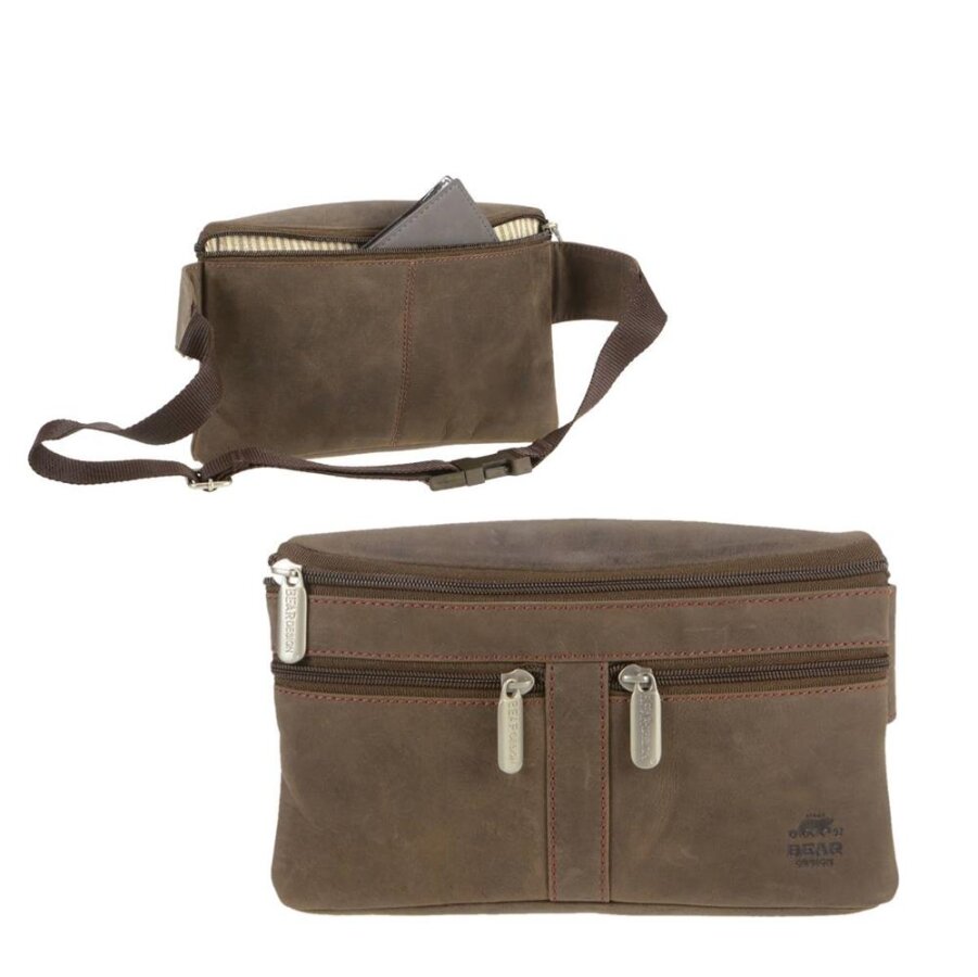 Bauchtasche Herren Leder flach viele Reißverschlussfächer 25x14cm antikbraun | Bear Design - ein sicherer Begleiter für Reise und Alltag in zeitlosem