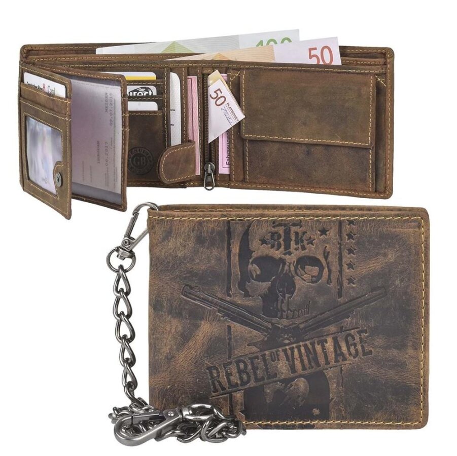Kettenbörse Leder Rebel-Skull antikbraun | Greenburry Vintage Biker Portemonnaie mit Metallkette. Sicherer Organizer für Motorradfahrer.