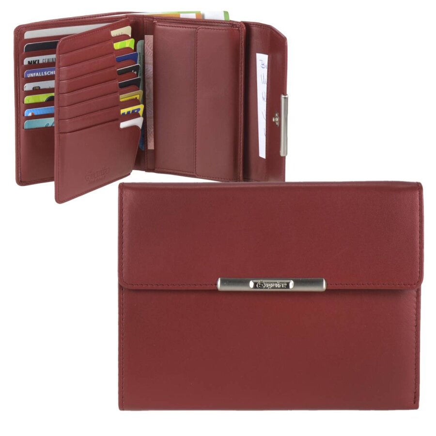 Esquire Damen Geldbörse 20 Kartenfächer 14x10cm Leder RFID Helena rot. Großes Portemonnaie mit Cardsafe-System für viele Karten und Dokumente.