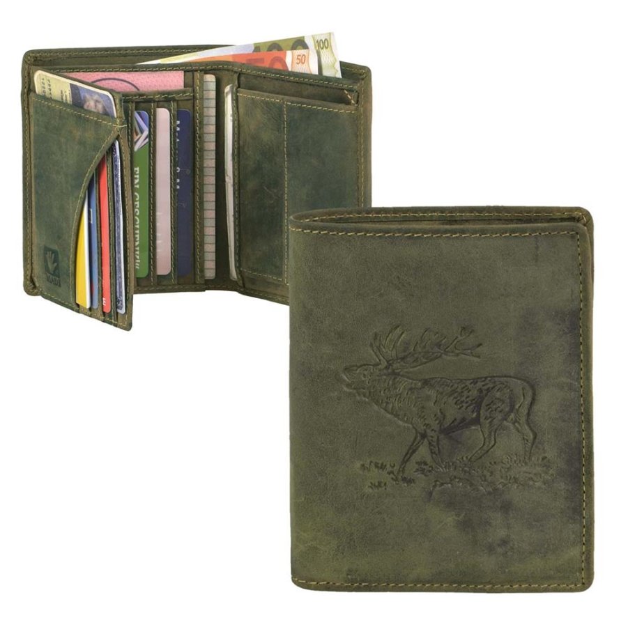 Geldbörse Leder 9x12cm mit Hirsch 'Vintage Hunting' oliv Greenburry 1701-STAG-30