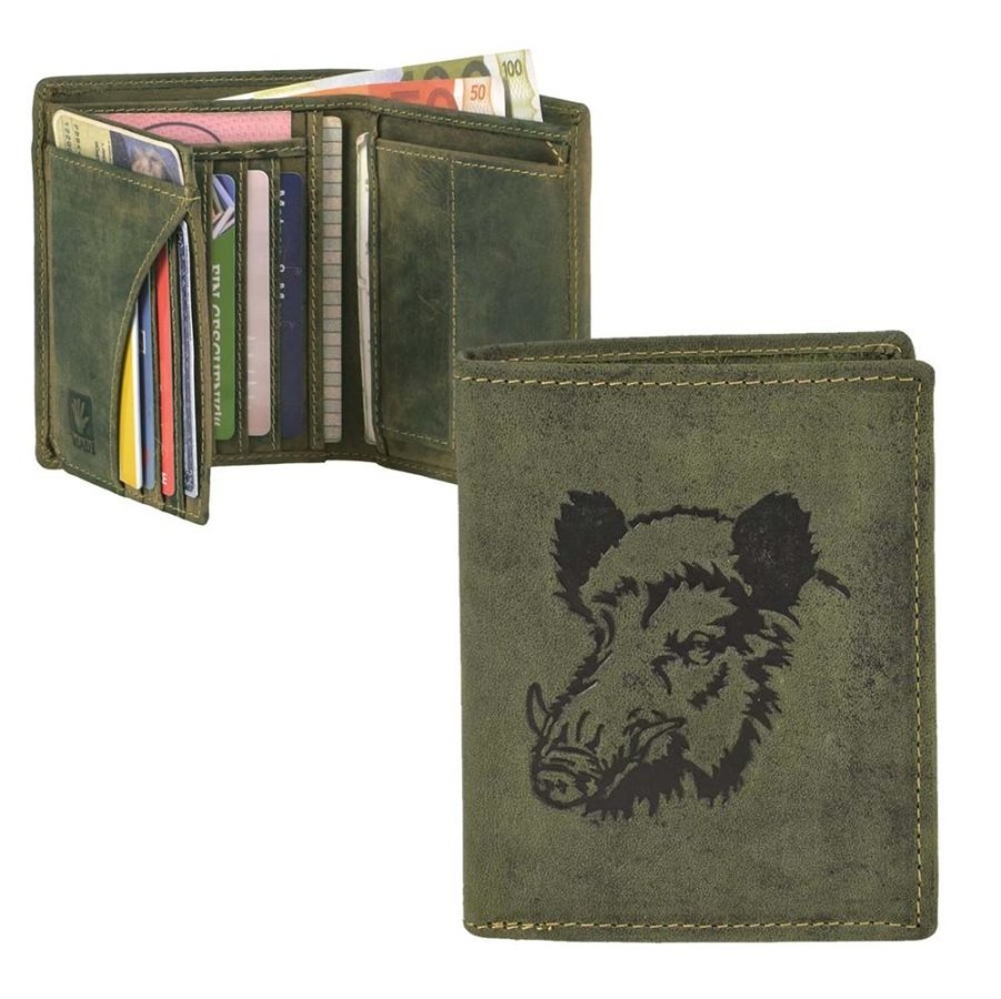 Geldbörse Leder 9x12cm mit Keiler 'Vintage Hunting' oliv Greenburry 1701-WILDBOAR-30
