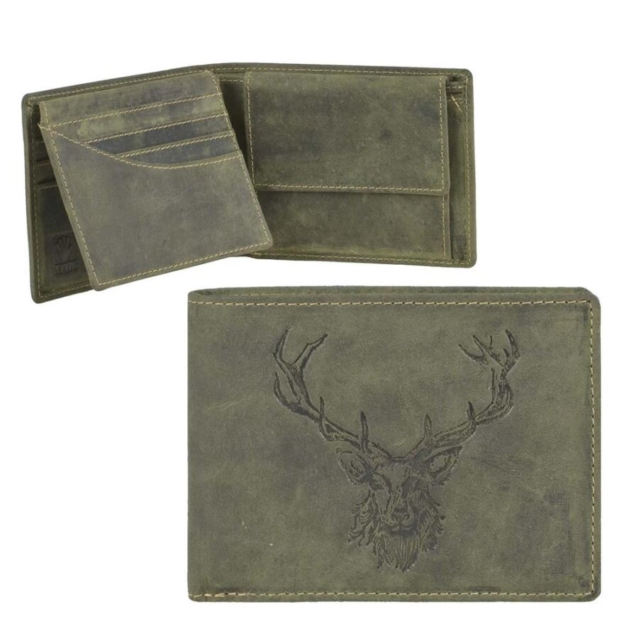 Geldbörse Leder Hirsch-Prägung oliv | Greenburry Hunting Portemonnaie mit Sichtfenster. Robuster Organizer für Jäger und Outdoor-Fans.
