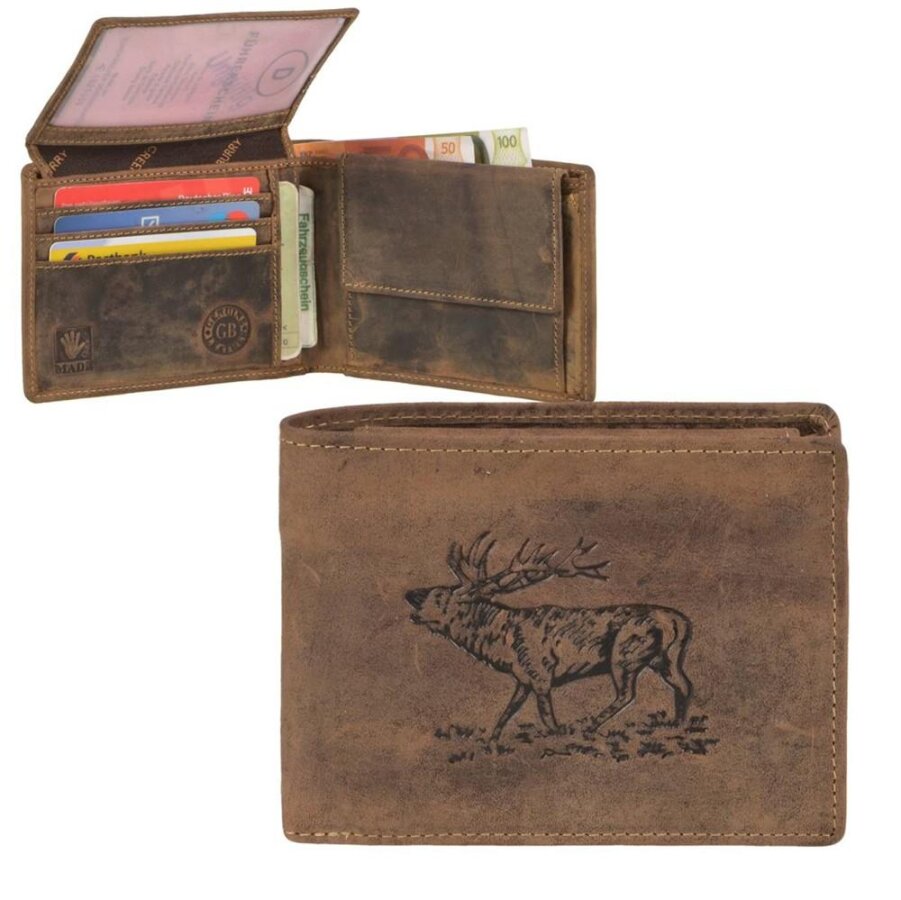 Geldbörse Leder Hirsch-Prägung antikbraun | Greenburry Vintage Hunting Portemonnaie Querformat. Robuster Organizer mit 7 Kartenfächern aus Leder.