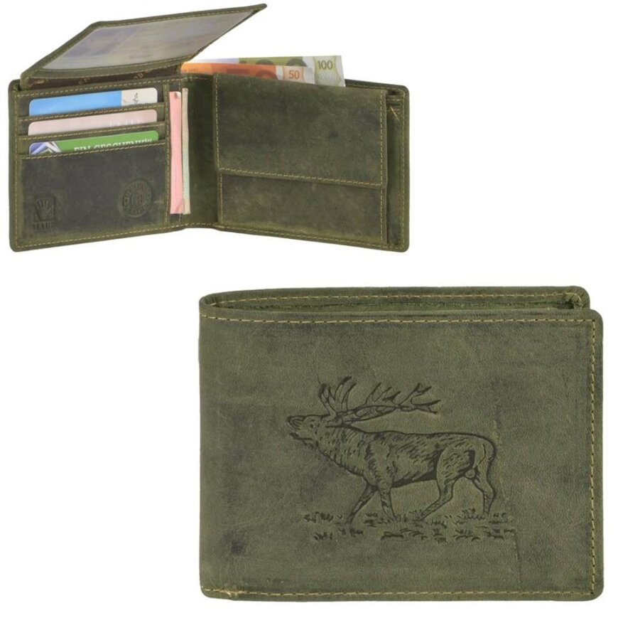 Geldbörse Leder Hirsch-Prägung oliv | Greenburry Vintage Hunting Portemonnaie Querformat. Strukturierter Organizer mit 7 Kartenfächern aus Leder.