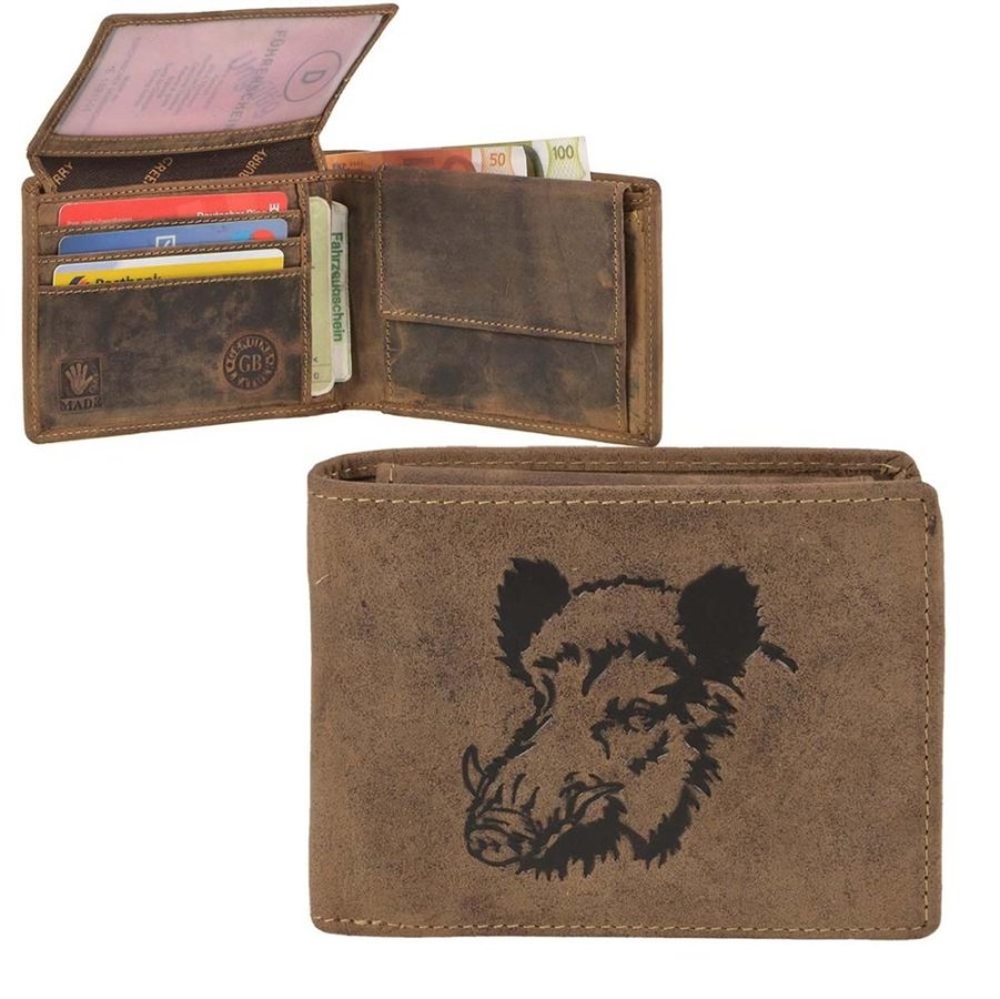 Geldbörse Leder 12x9cm mit Keiler 'Vintage Hunting' antikbraun Greenburry 1705-WILDBOAR-25