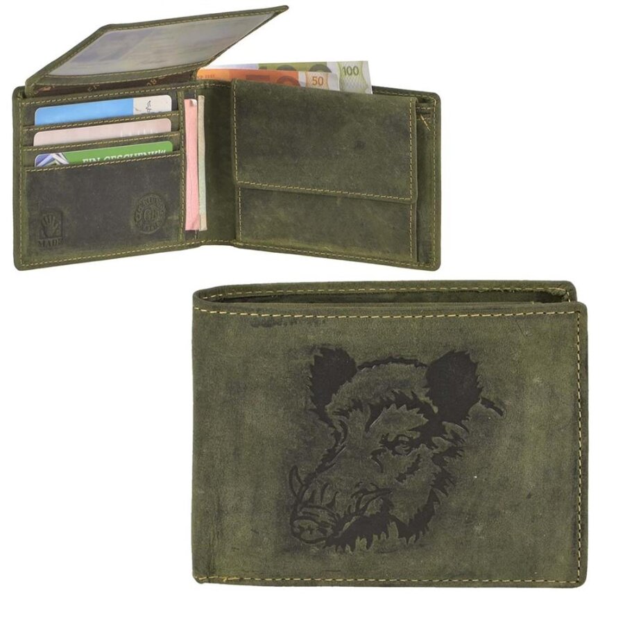 Geldbörse Leder Keiler-Prägung oliv | Greenburry Vintage Portemonnaie mit Eber-Motiv. Strukturierter Organizer mit 7 Kartenfächern aus Leder.