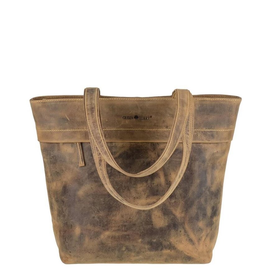 Shopper Leder A4 antikbraun 39x31cm | Greenburry Vintage Schultertasche mit langen Schlaufen für Damen. Große Handtasche für Büro und Stadtbummel.