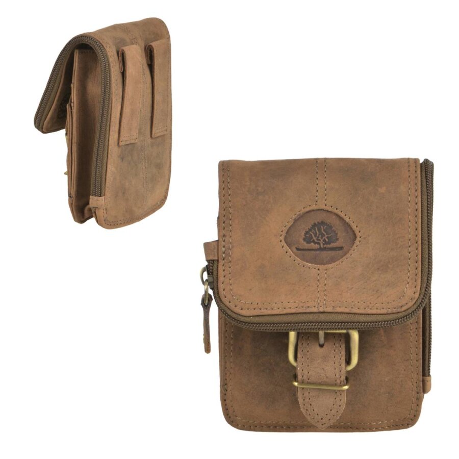 Greenburry Gürteltasche Herren Damen kompakt 10x13cm Leder antikbraun. Ein robuster Organizer für Wertsachen und Kleinteile bei Outdoor-Touren und Rei