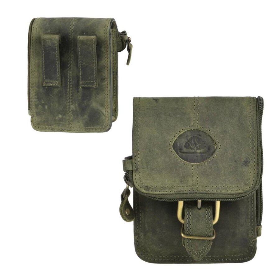 Greenburry Gürteltasche Herren Damen kompakt 10x13cm Leder oliv. Ein robuster Organizer für Wertsachen und Kleinteile bei Outdoor-Touren und Reisen.