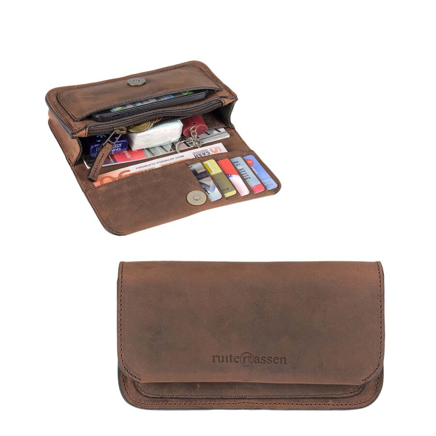 Ruitertassen Gürteltasche viele Fächer 18x10cm Leder rangerbraun. Ein robuster Organizer für Ihre Wertsachen bei Outdoor-Abenteuern und auf Reisen.