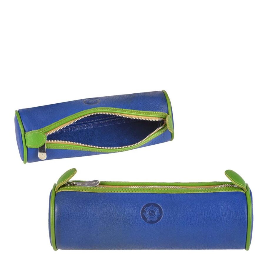 Schlampermäppchen Rolle Leder blau 20x6x6cm | Sonnenleder Lotta. Farbenfroher Organizer mit hellgrünen Akzenten für Schule und Studium.