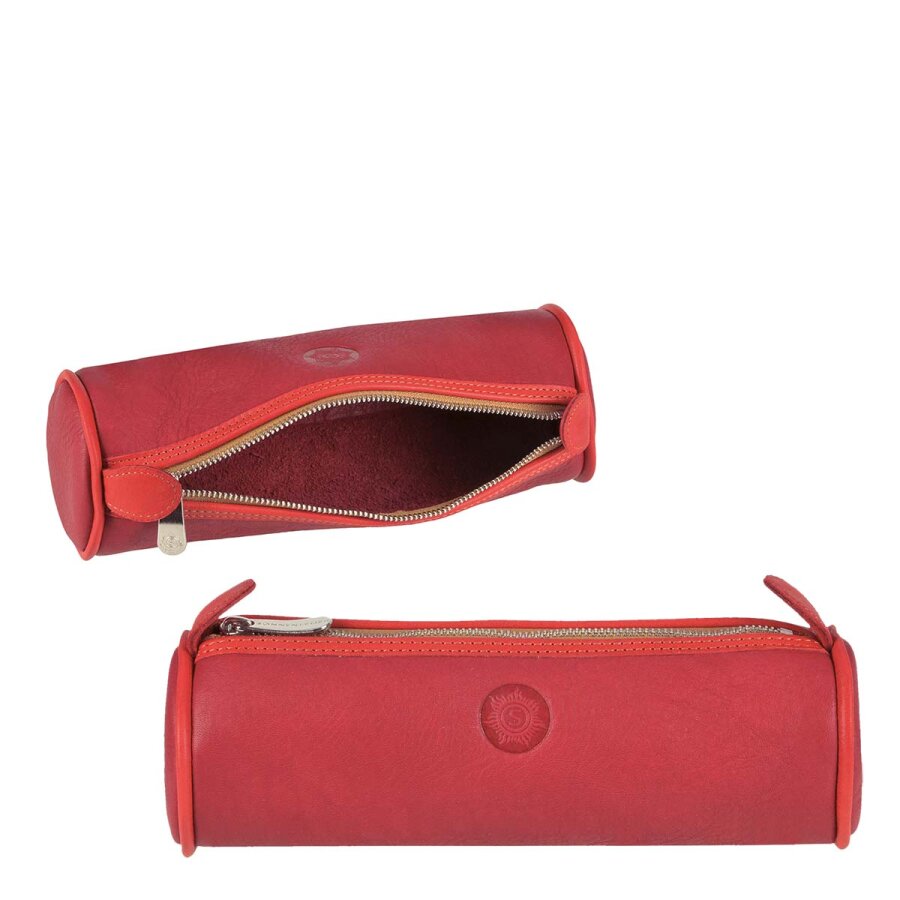 Schlampermäppchen Rolle Leder rot 20x6x6cm | Sonnenleder Lotta. Die strukturierte Lösung für Schreibutensilien in leuchtendem rot orange.