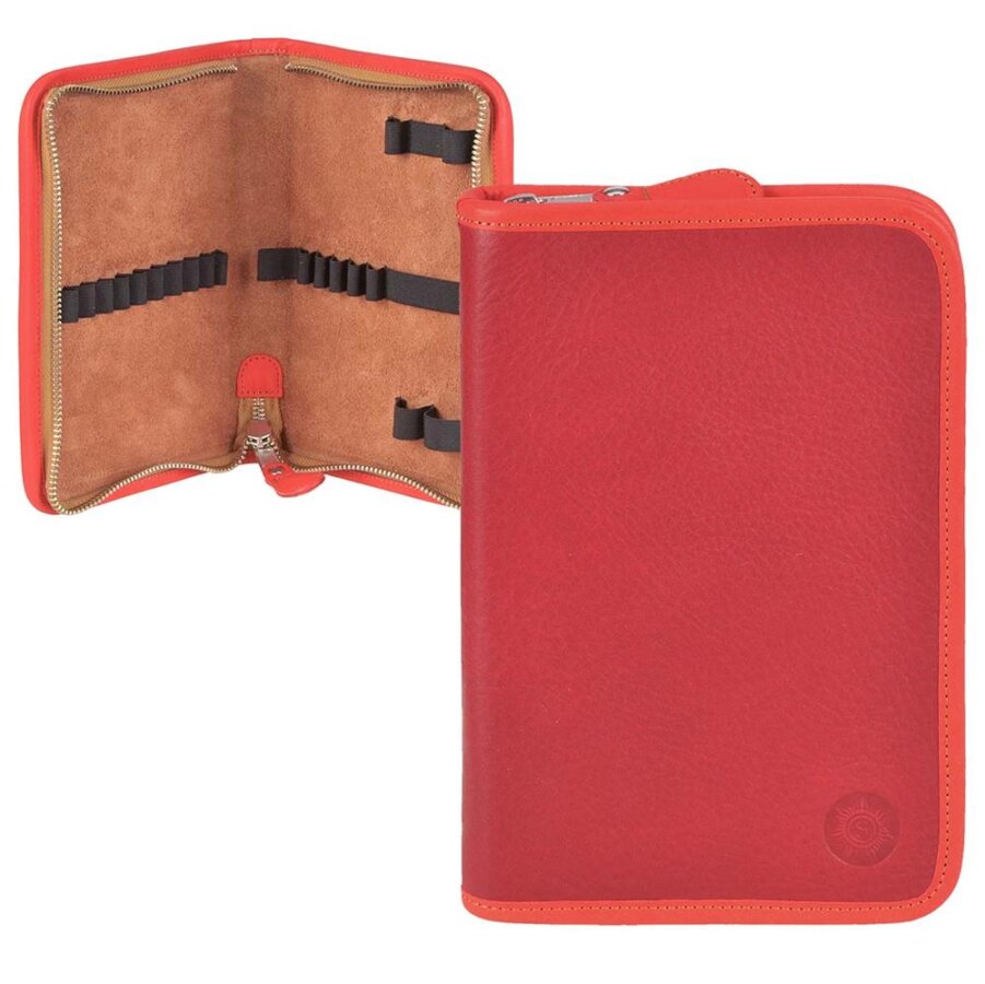 Schüleretui 15 Stiftschlaufen Leder rot 13x20cm | Sonnenleder Lasse. Die strukturierte Lösung für Schreibutensilien in leuchtendem rot orange.