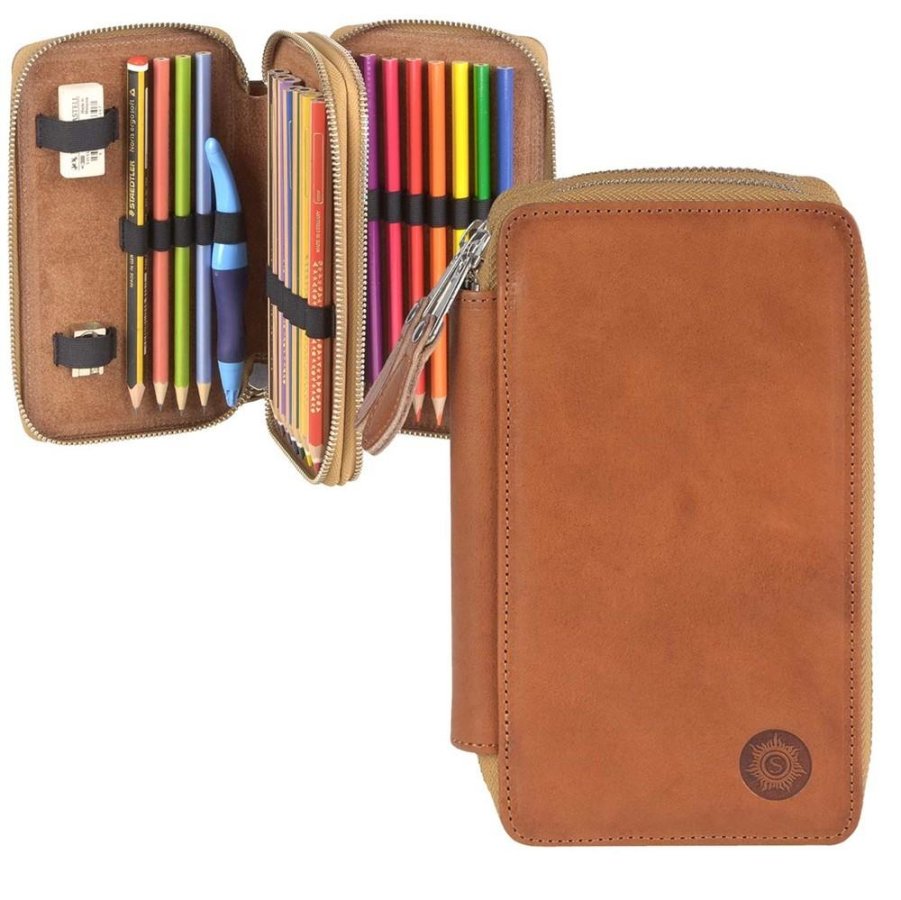 Sonnenleder Schüleretui 28 Schlaufen 13x19cm Leder naturbraun Bosse 801-260. Hochwertige Federtasche mit 2 Klappen ideal für Schule, Uni und Büro.