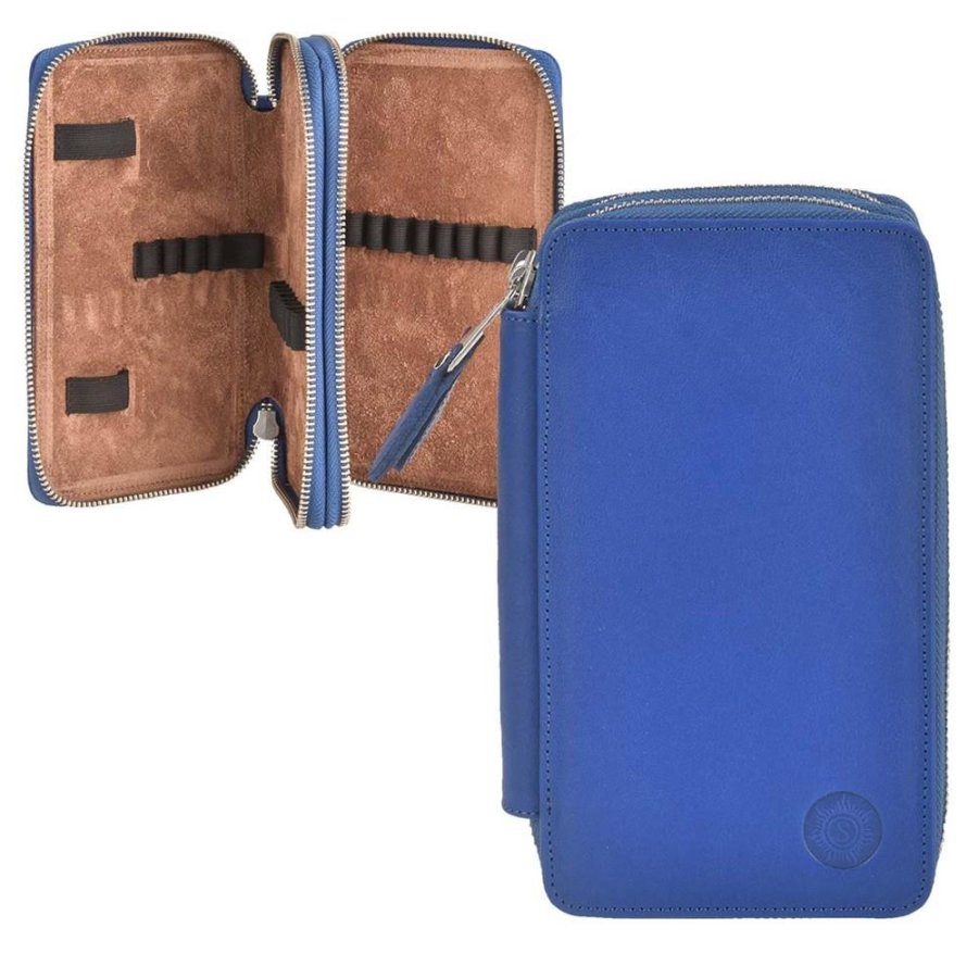 Sonnenleder Schüleretui 28 Schlaufen 13x19cm Leder blau Bosse 801-260. Hochwertige Federtasche mit 2 Klappen ideal für Schule, Uni und Büro.