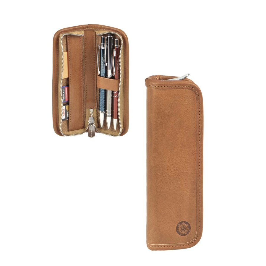 Federmäppchen Leder 16x5cm 'Grass' für 3 Stifte naturbraun Sonnenleder