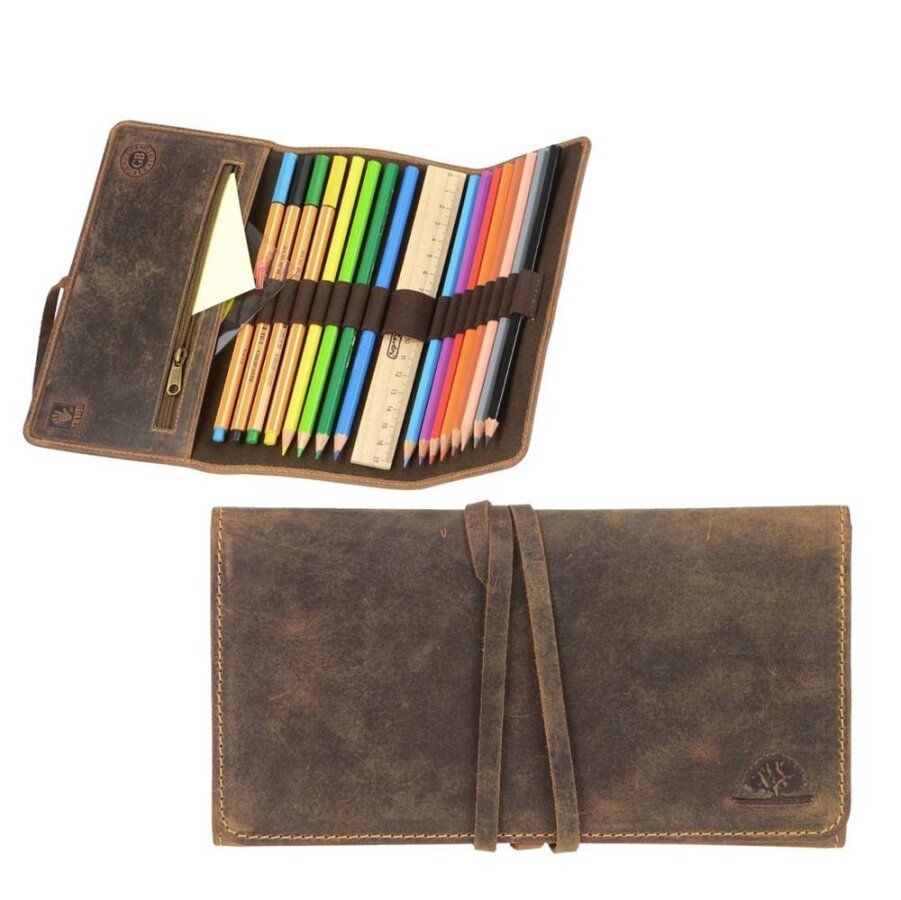 Stifterolle mit Wickelverschluss aus Leder in antikbraun leer | Greenburry. Praktisches Wickel-Stiftetui Vintage für Schreibgeräte im Alltag.
