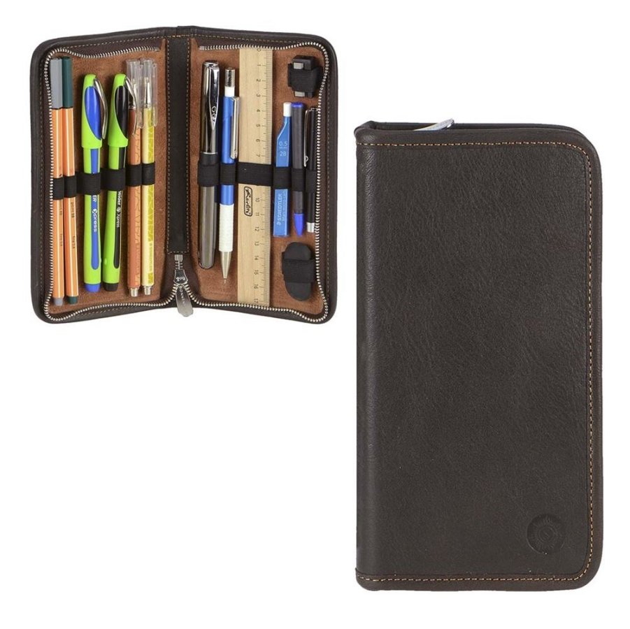 Sonnenleder Federmäppchen Leder 19x10cm 'Nolte' für 4 Füller und 4 Stifte, hochwertiges Stiftetui, kleine Federtasche, mocca-braun