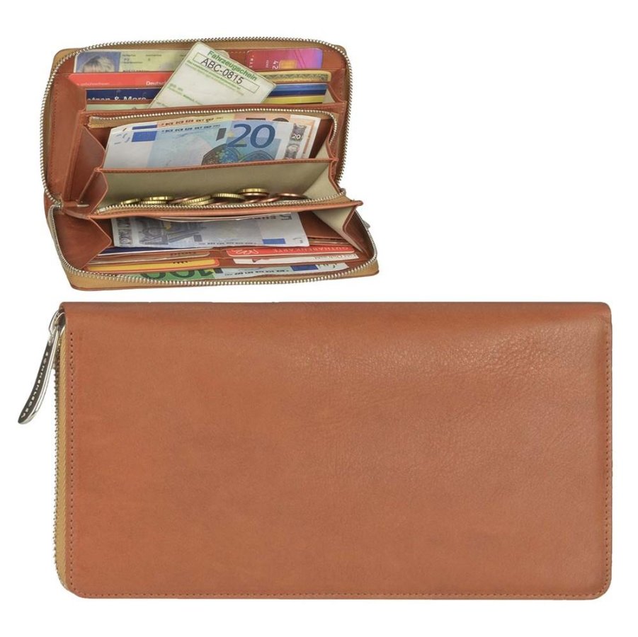 Sonnenleder Portemonnaie Damen Leder 20x11cm 'Saale', hochwertige Damenbörse, besonders exklusive Geldbörse mit Reißverschluss, edel, natur-braun