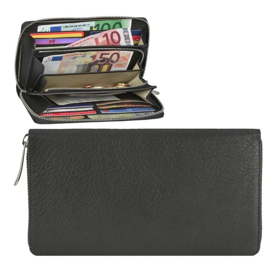 Damen Geldbörse 14 Kartenfächer Leder schwarz 20x11cm | Sonnenleder Saale. Ein eleganter Organizer mit viel Platz für Ihre Karten und Bargeld.