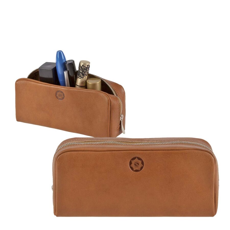 Kosmetiktasche klein handlich Leder naturbraun 19x8cm | Sonnenleder Faschina. Ein kompakter Organizer für Kosmetik und Kleinteile in Ihrer Handtasche.