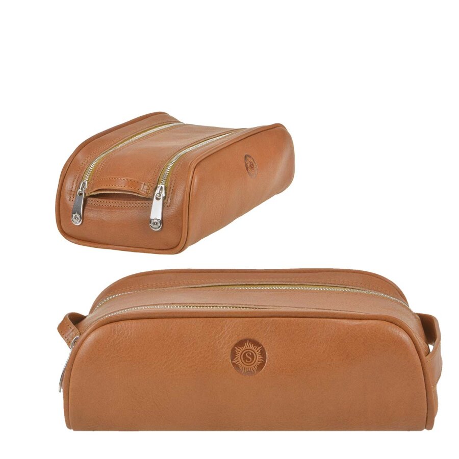 Kulturtasche klein platzsparend Leder naturbraun 21x12x7cm | Sonnenleder Reschen. Ein kompakter Organizer für Ihre Pflegeprodukte auf Reisen.