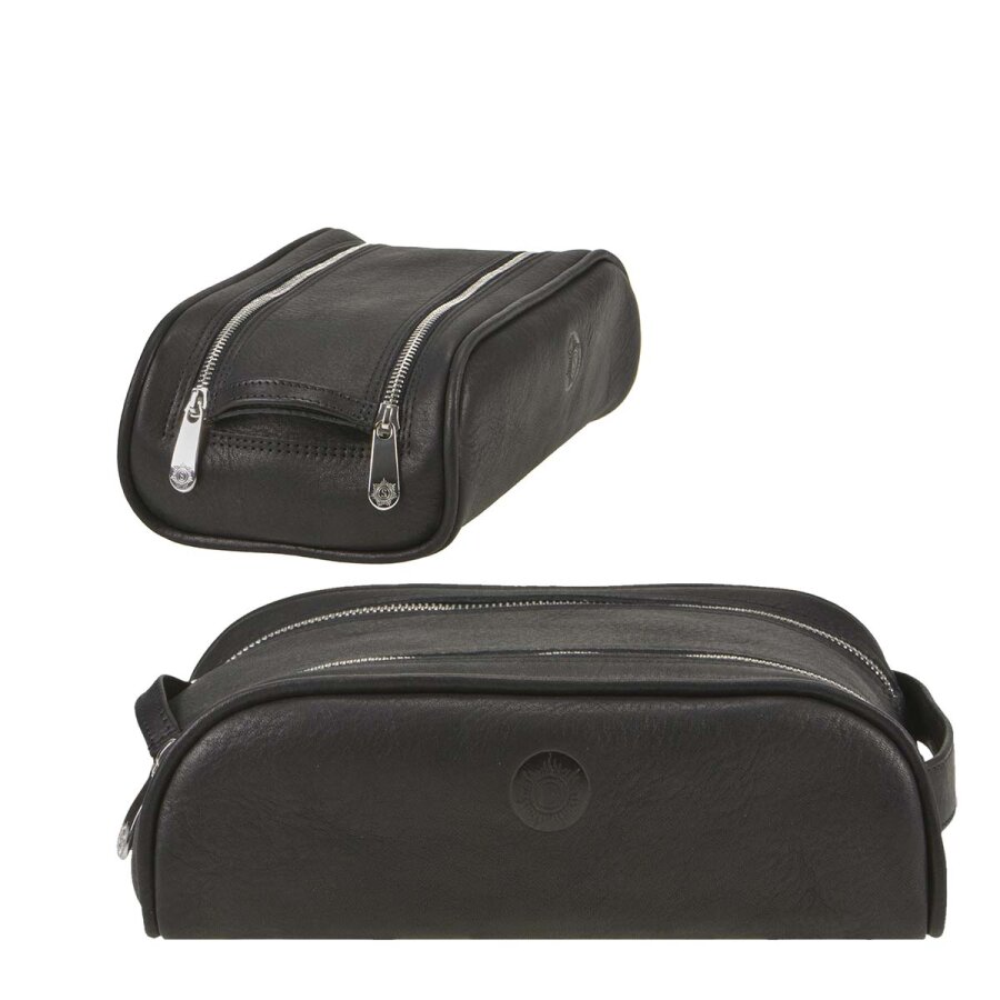 Kulturtasche klein platzsparend Leder schwarz 21x12x7cm | Sonnenleder Reschen. Ein kompakter Organizer für Ihre Pflegeprodukte auf Reisen.