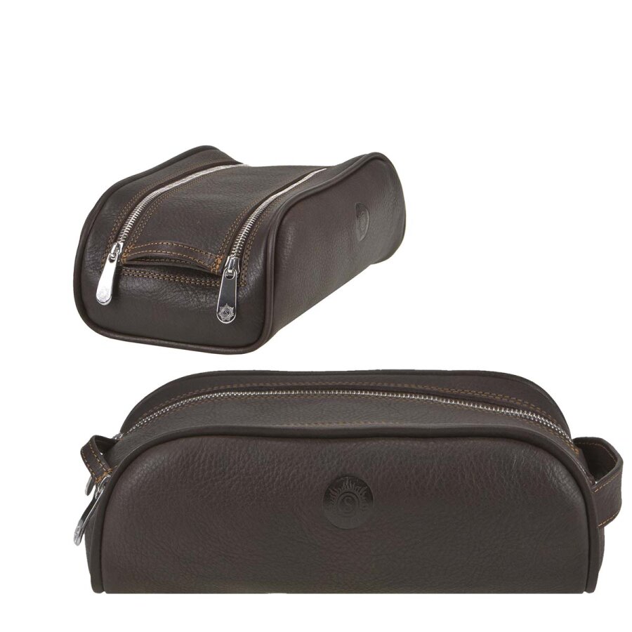 Kulturtasche klein platzsparend Leder mocca 21x12x7cm | Sonnenleder Reschen. Ein kompakter Organizer für Ihre Pflegeprodukte auf Reisen.