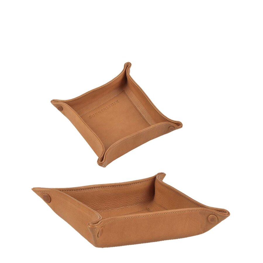 Taschenleerer Leder naturbraun 20x20cm | Sonnenleder S Valet Tray. Stilvolle Ablageschale für Schlüssel und Smartphone im Eingangsbereich und Büro.