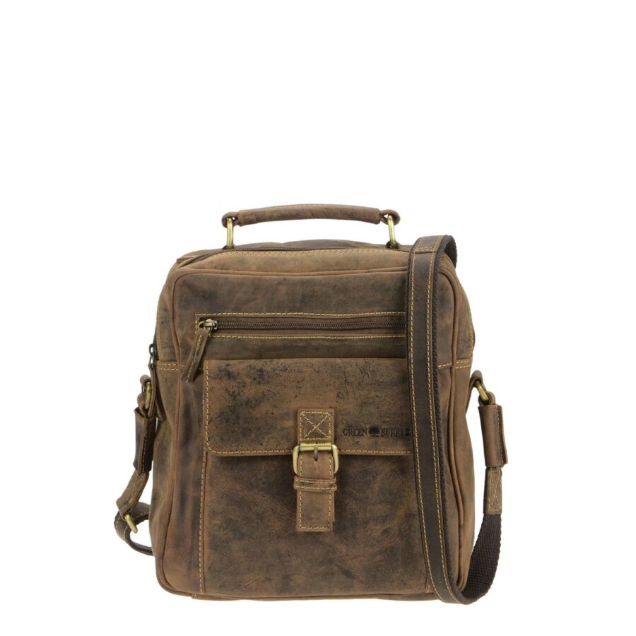 Herrentasche mit praktischem Tragegriff aus Leder in antikbraun Format A5 | Greenburry. Funktionale Umhängetasche mit Stiftschlaufen für den Alltag.