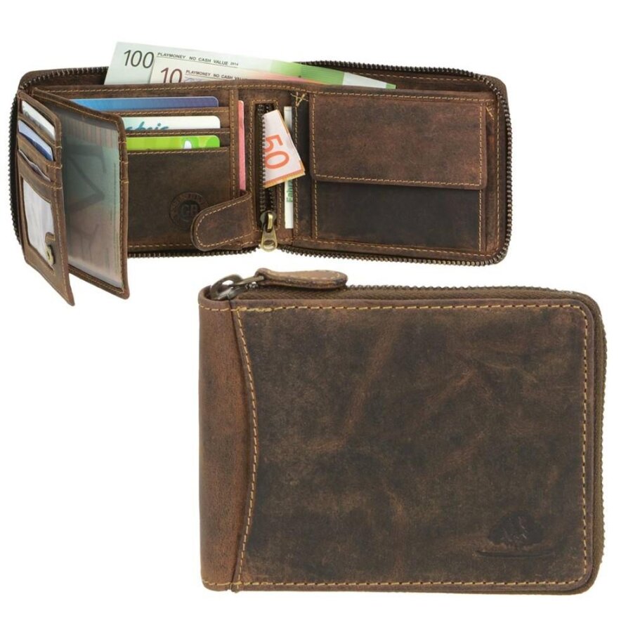 Herren Geldbörse mit Reißverschluss innen und Münzfach Leder braun | Greenburry Vintage Portemonnaie 8 Kartenfächer 1666-25