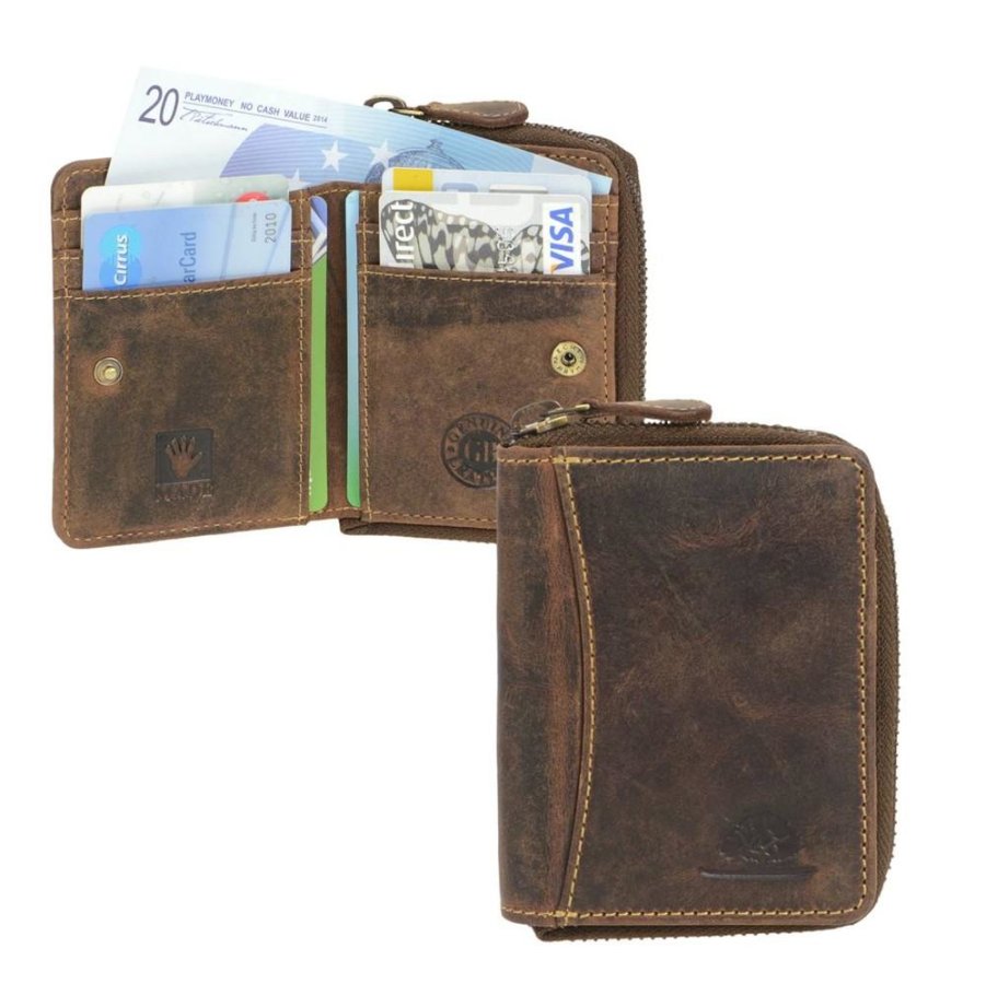Herren Geldbörse mit Reißverschluss Münzfach Leder braun | Greenburry Vintage Portemonnaie 4 Kartenfächer klein 1667-25