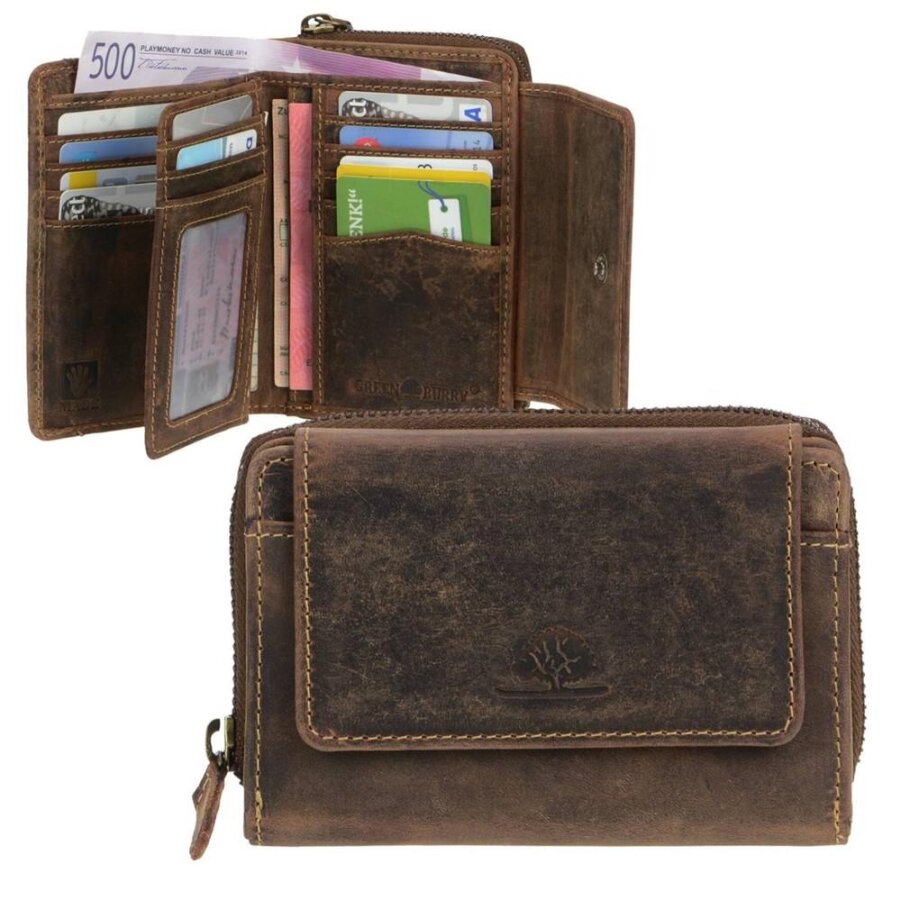Greenburry Portemonnaie Damen Geldbörse Vintage 15 Kartenfächer mit RFID Schutz | Leder antikbraun 1670-25