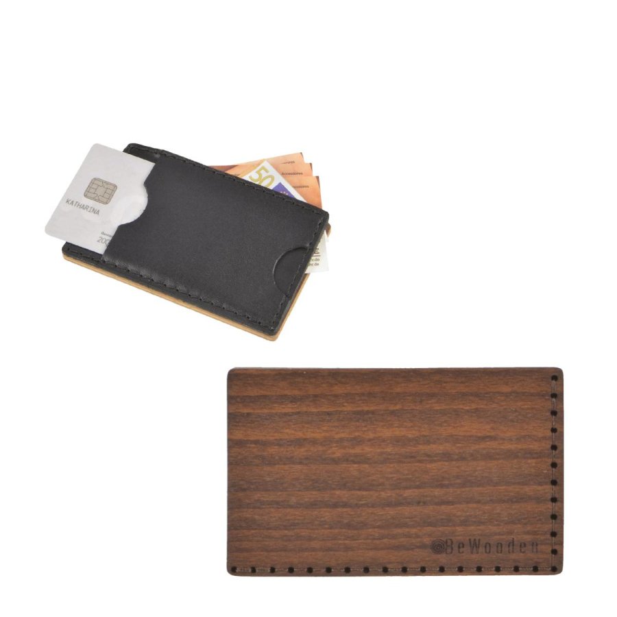 Karten Portemonnaie aus Holz mit Leder 7x11cm 'Brunn Note' BeWooden