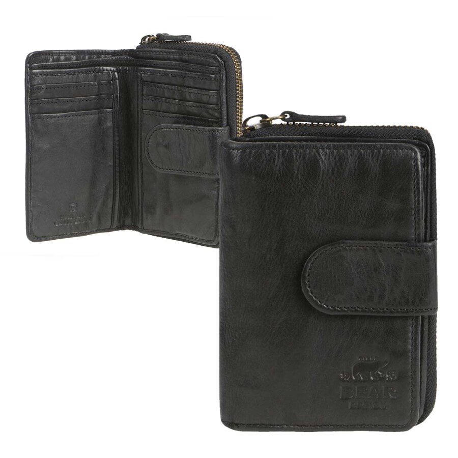 Portemonnaie Damen 10 Kartenfächer Münzfach Leder schwarz 9x13cm | Bear Design Ciro. Übersichtliche Geldbörse für geordnete Finanzen im Arbeitsalltag.