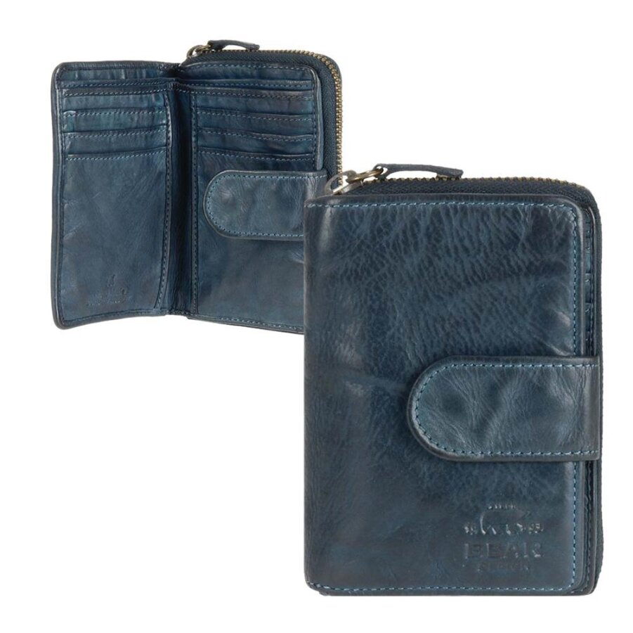 Portemonnaie Damen 10 Kartenfächer Münzfach Leder blau 9x13cm | Bear Design Ciro. Ein sicherer Organizer für Bargeld und Ausweise in kompaktem Format.