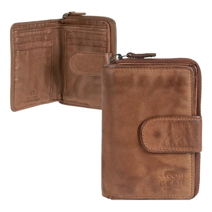 Portemonnaie Damen 10 Kartenfächer Münzfach Leder cognac 9x13cm | Bear Design Ciro. Klassische Lederbörse mit viel Stauraum für Karten und Quittungen.