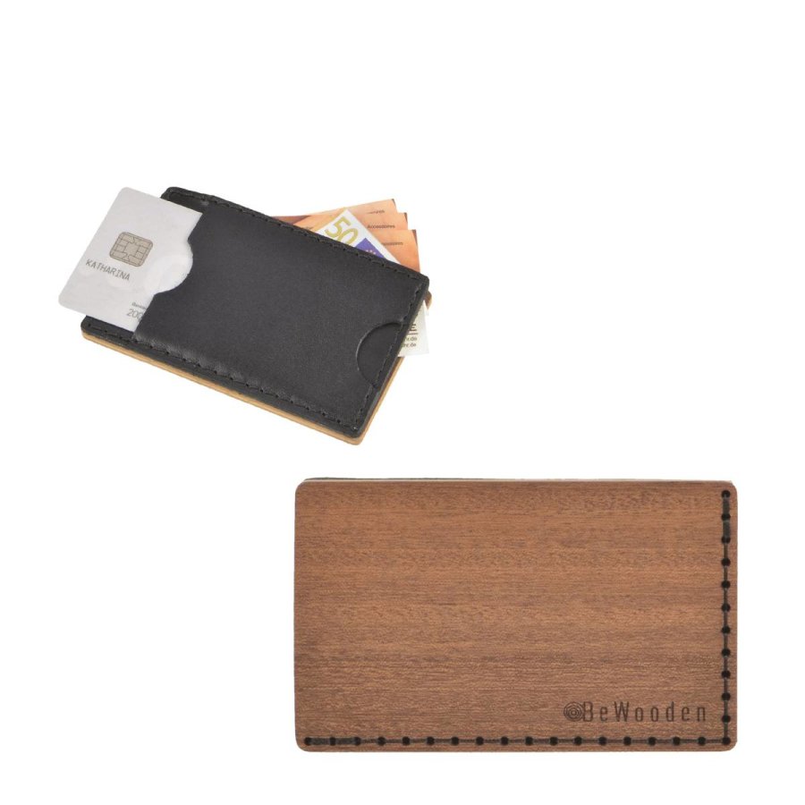 Karten Portemonnaie aus Holz mit Leder 7x11cm 'Red Note' BeWooden