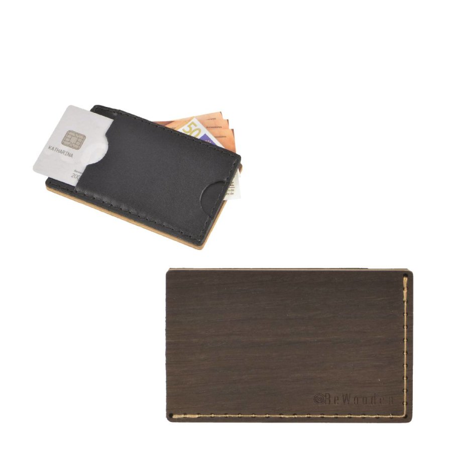 Karten Portemonnaie aus Holz mit Leder 7x11cm 'Tenebra Note' BeWooden